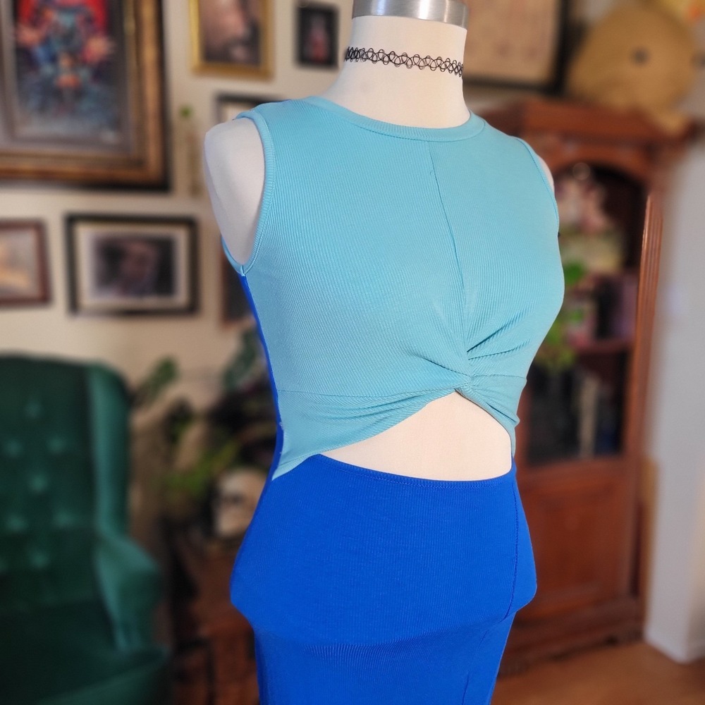Oten Blue Maxi Dress Colorblock Cutout Small Ribbed Sleeveless Twist Front Slit - Picture 5 of 6